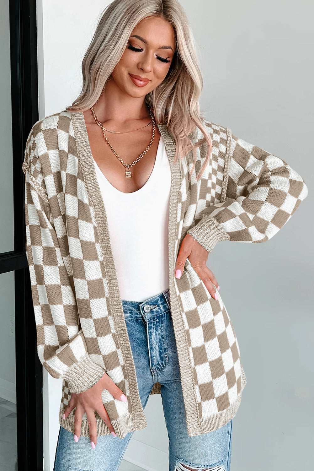 Orange Checkered Open Front Drop Shoulder Cardigan