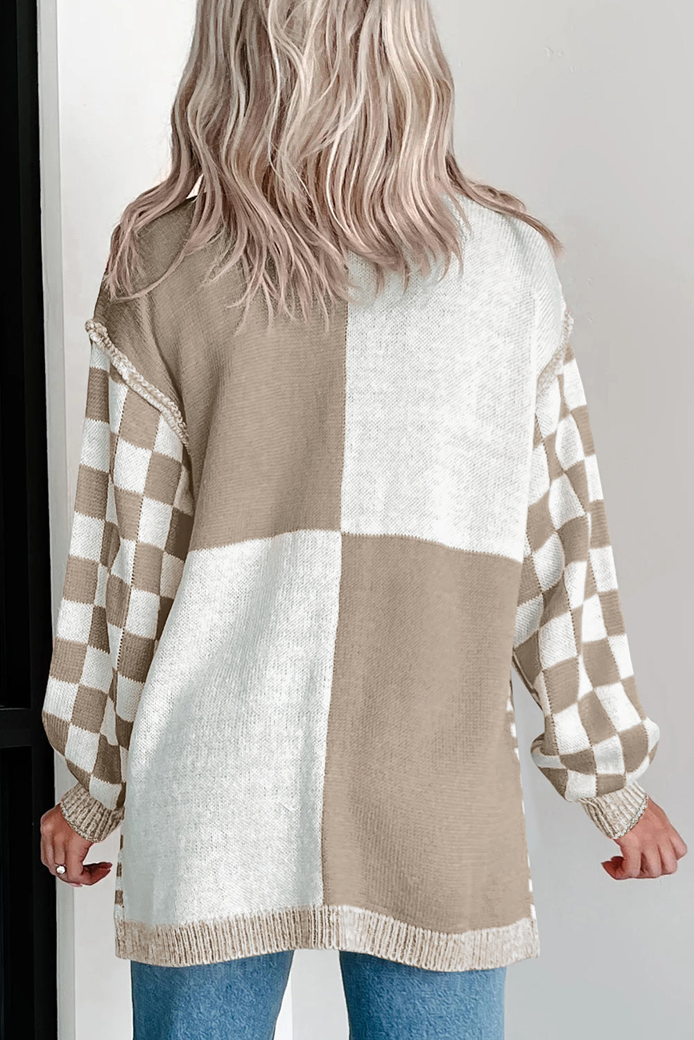 Orange Checkered Open Front Drop Shoulder Cardigan