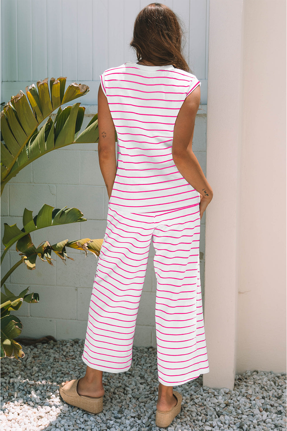 Black Stripe Casual Wide Leg 2pcs Pants Set