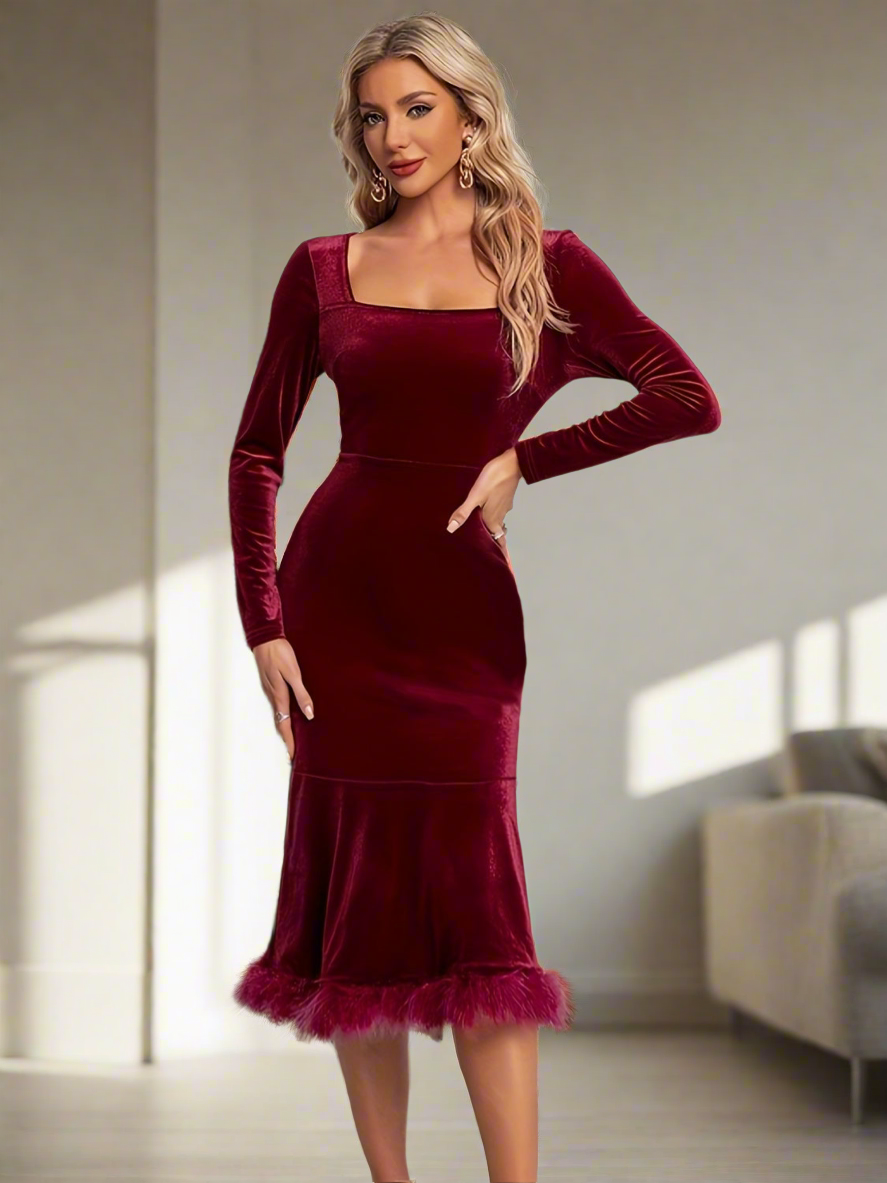 Plush Hem Square Neck Long Sleeve Dress