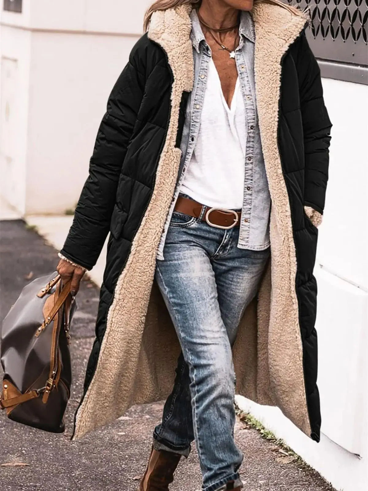 Winter Hooded Quilted Jacket Solid Reversible Long Sleeve Thick Puffer Coats