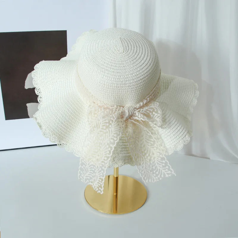 Women's Straw Hat Spring and Summer Lace Bow Large Brim Breathable Foldable Sunshade Caps Beach Cap Sweet Fisherman Hat S131
