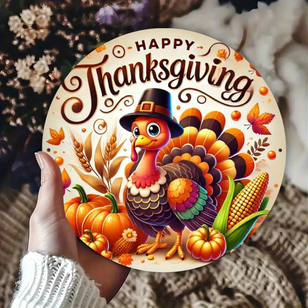 Thanksgiving Turkey Metal Sign - Attractive Printed Iron Wall Art, Round Holiday Plaque for Bar, Cafe, Kitchen Decoration