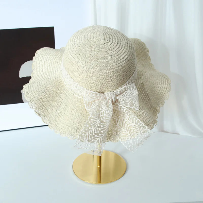 Women's Straw Hat Spring and Summer Lace Bow Large Brim Breathable Foldable Sunshade Caps Beach Cap Sweet Fisherman Hat S131