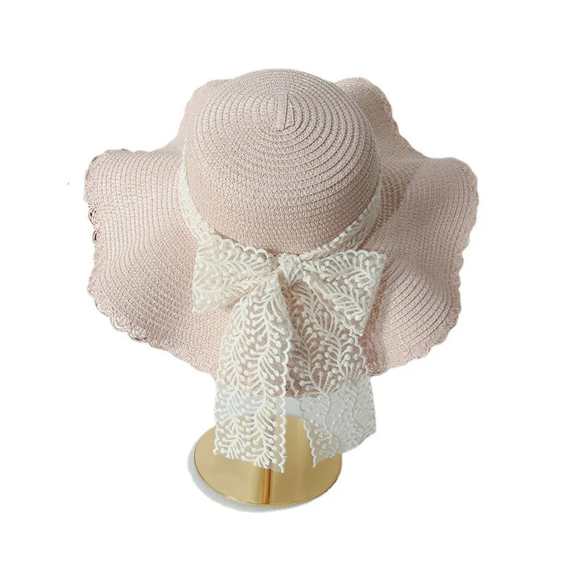 Women's Straw Hat Spring and Summer Lace Bow Large Brim Breathable Foldable Sunshade Caps Beach Cap Sweet Fisherman Hat S131