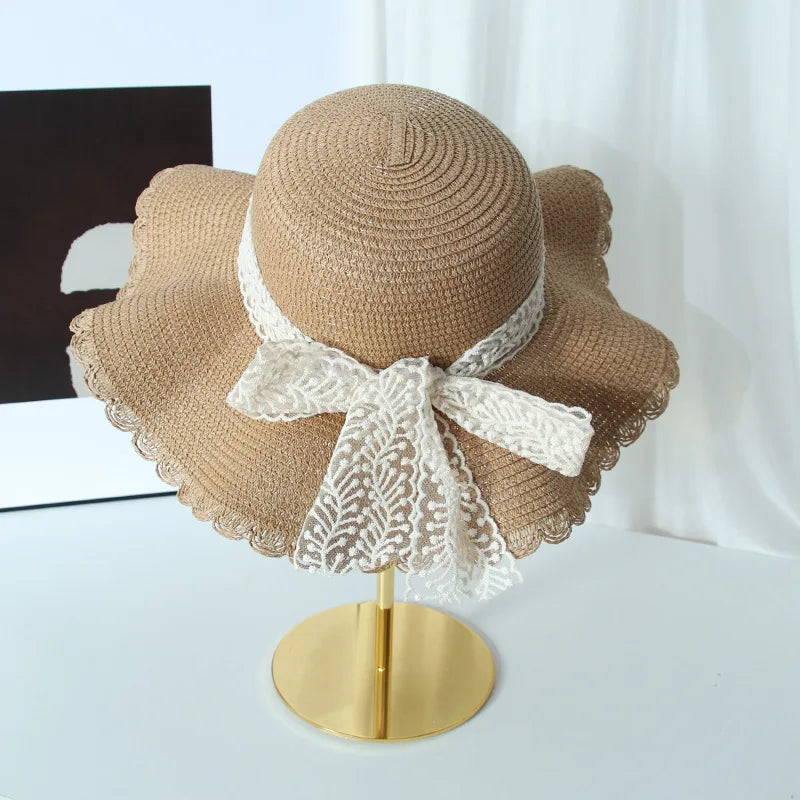 Women's Straw Hat Spring and Summer Lace Bow Large Brim Breathable Foldable Sunshade Caps Beach Cap Sweet Fisherman Hat S131