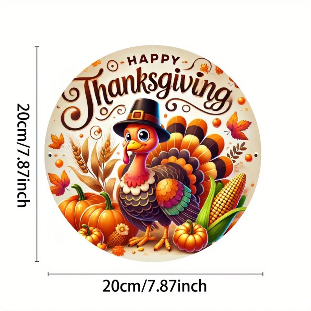 Thanksgiving Turkey Metal Sign - Attractive Printed Iron Wall Art, Round Holiday Plaque for Bar, Cafe, Kitchen Decoration