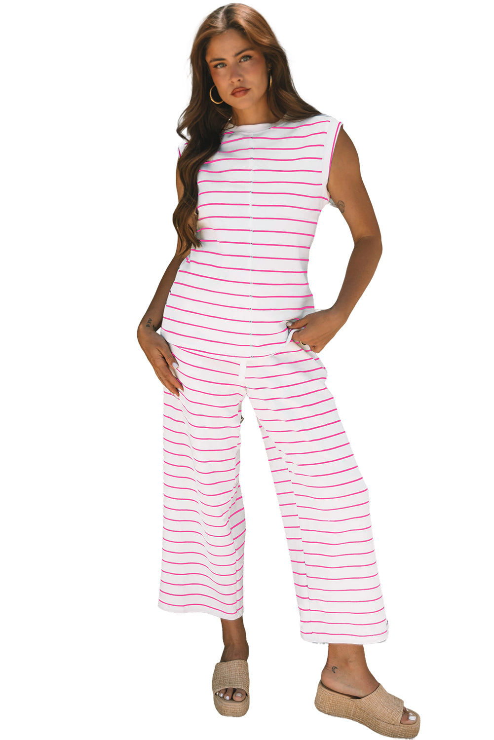 Black Stripe Casual Wide Leg 2pcs Pants Set