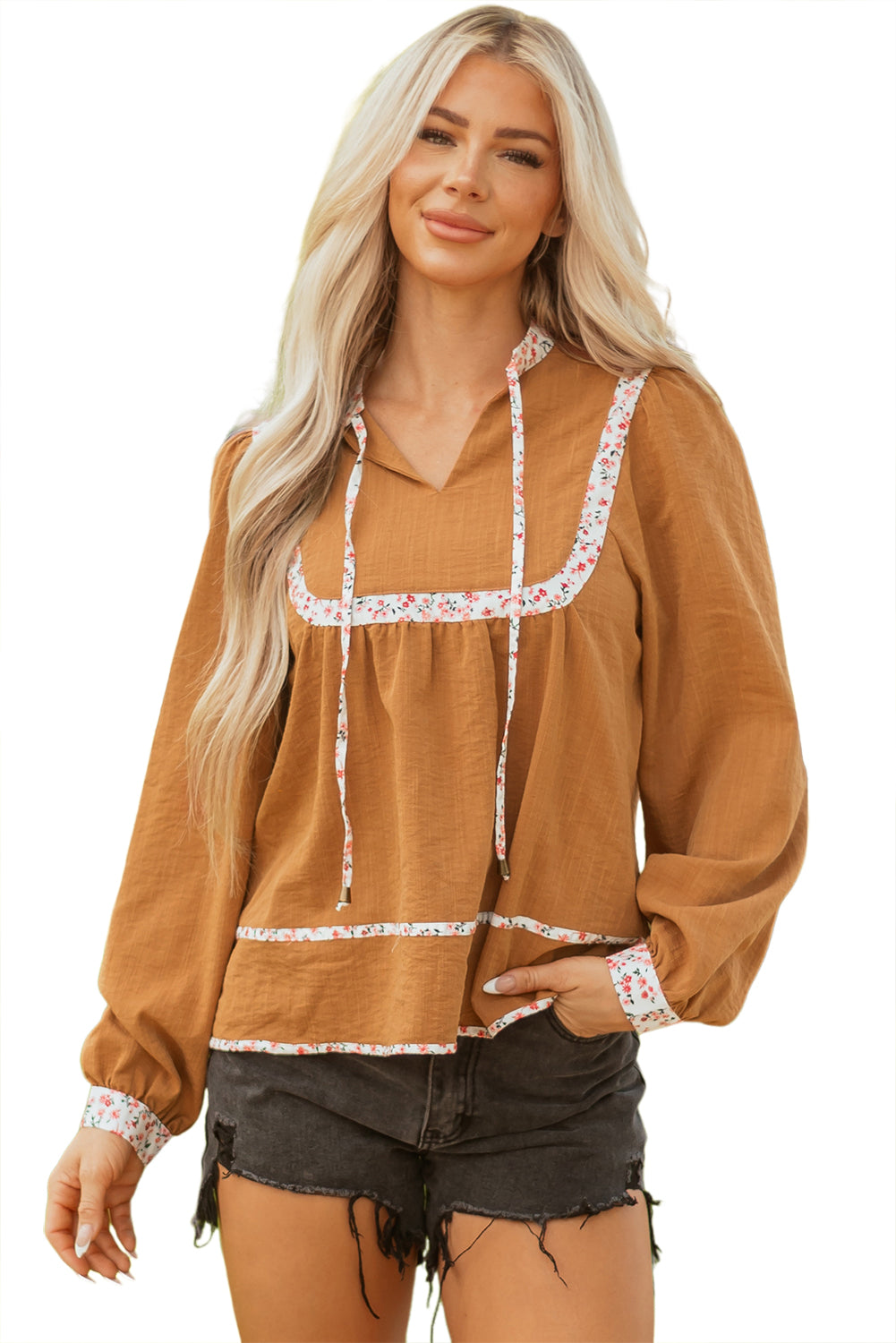 Straw Yellow Split Neck Pleated Floral Trim Long Puff Sleeve Blouse