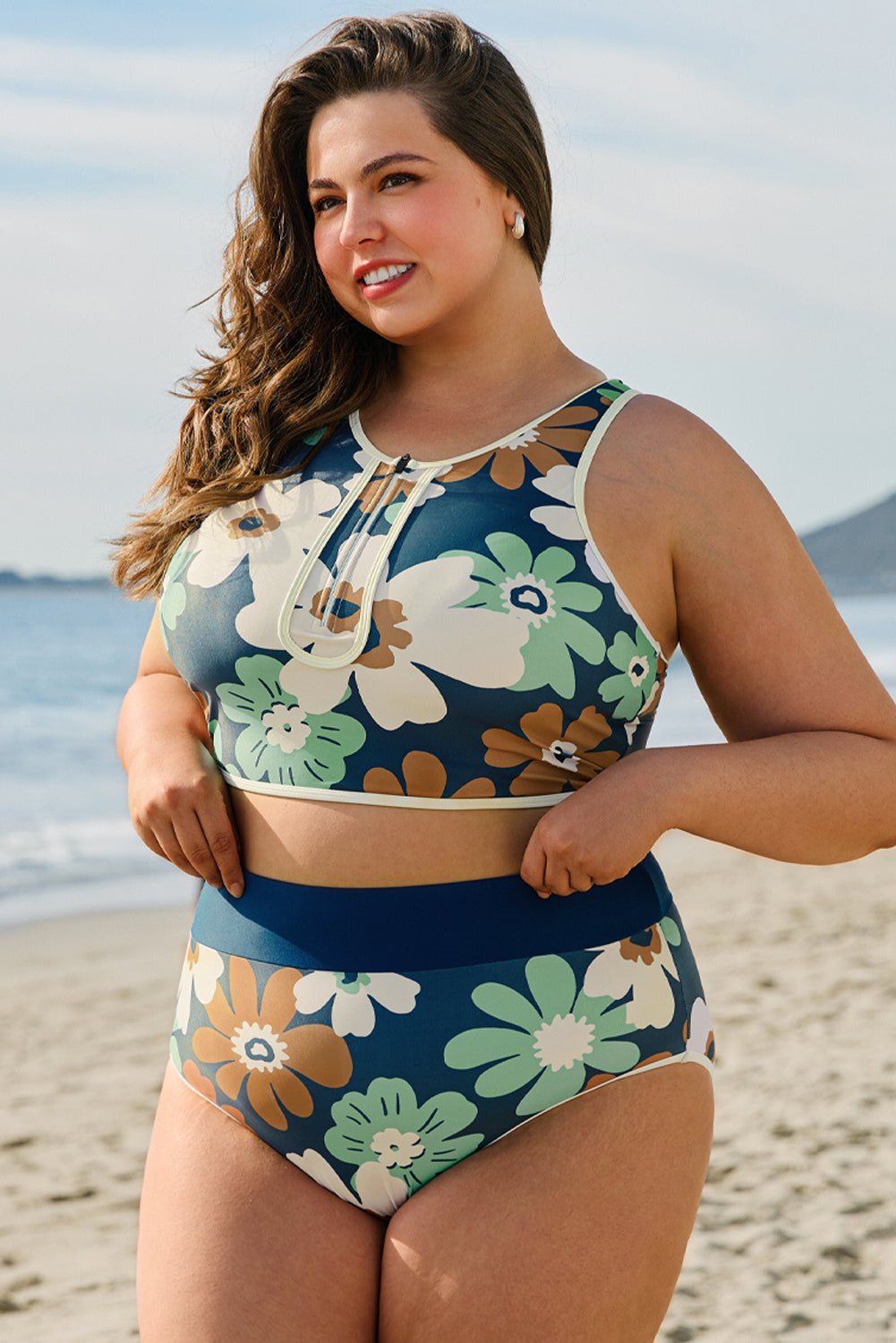 Green Floral Printed Zipped Plus Size Two Pieces Bikini