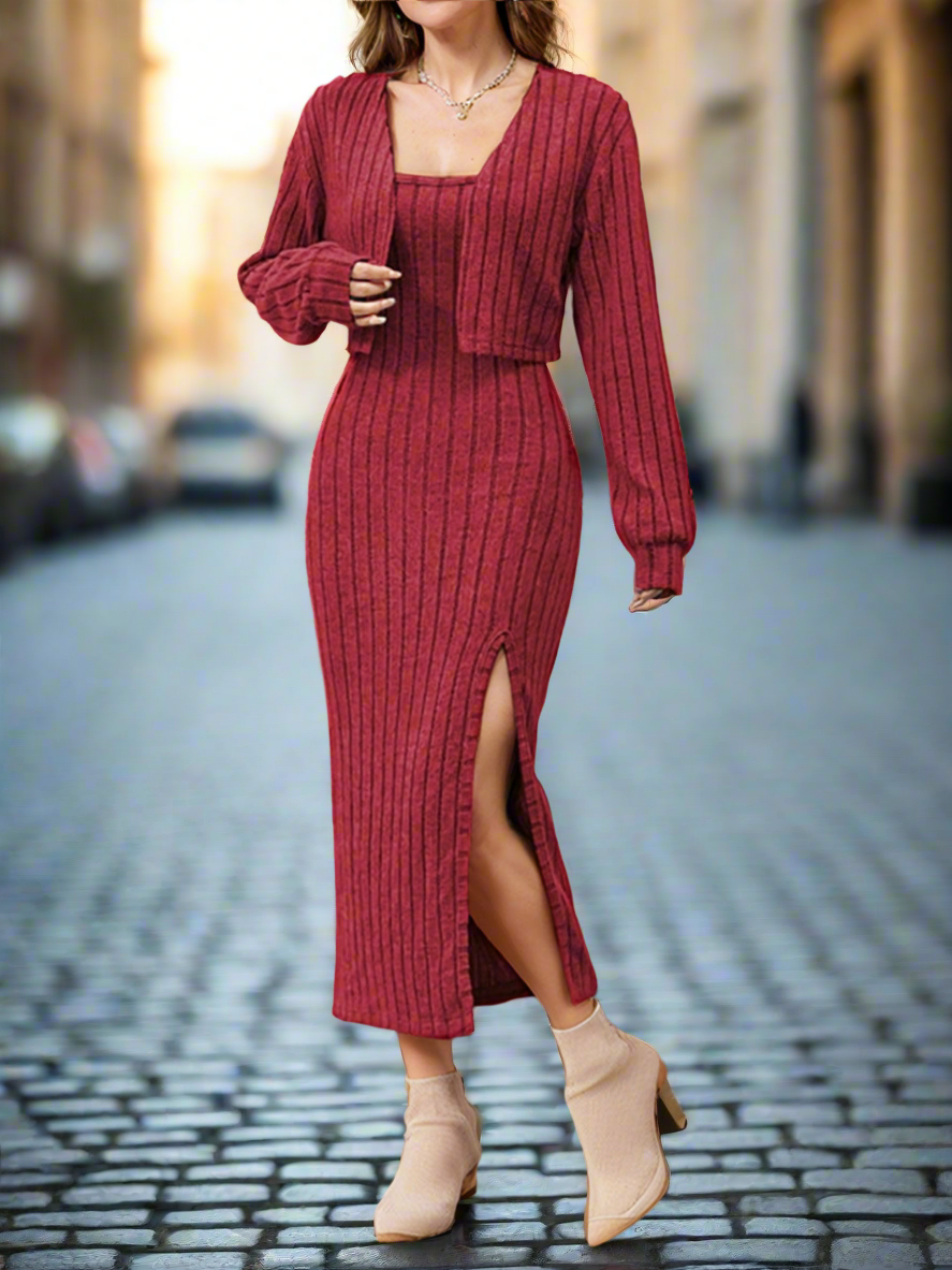 Ribbed Long Sleeve Cropped Cardigan and Slit Cami Dress Set