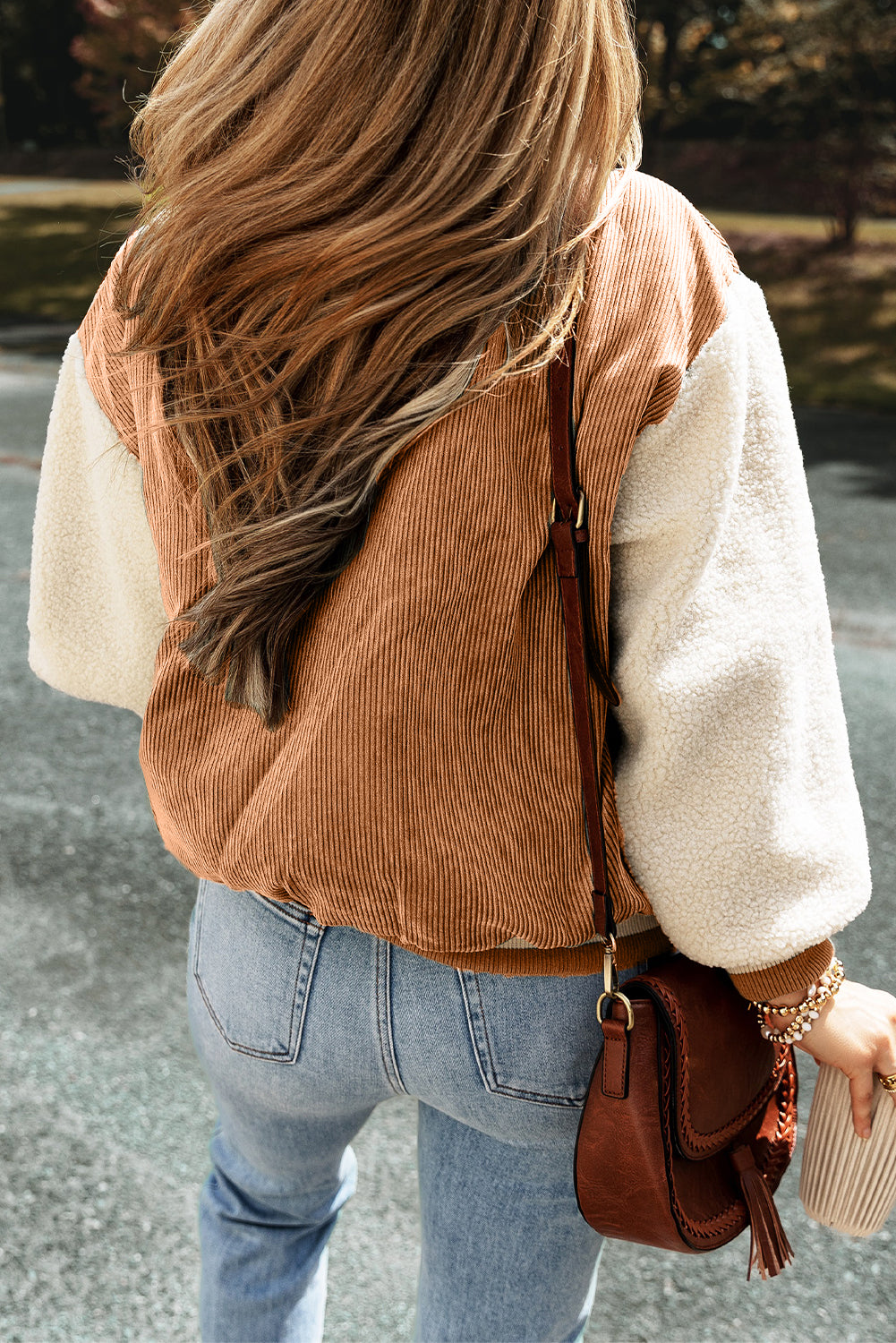 Mist Green Corduroy Fleece Patchwork Buttoned Bomber Jacket