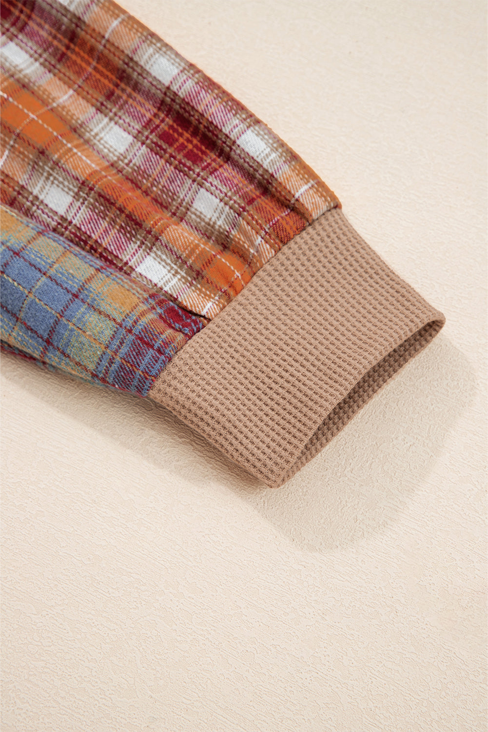 Straw Yellow Waffle Stripe Plaid Patchwork Henley Knit Top