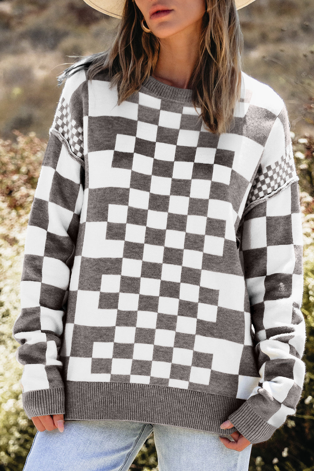 Black Checkered Print Drop Shoulder Round Neck Sweater