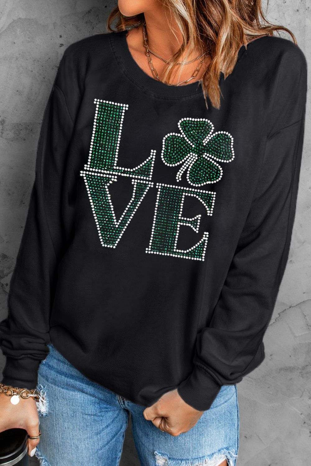 LOVE Rhinestone Clover Round Neck Sweatshirt