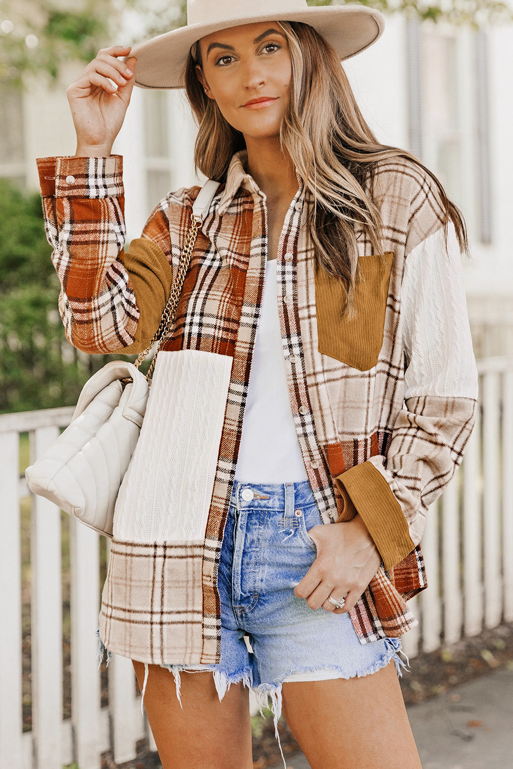 Pink Plaid Color Block Patchwork Shirt Jacket with Pocket