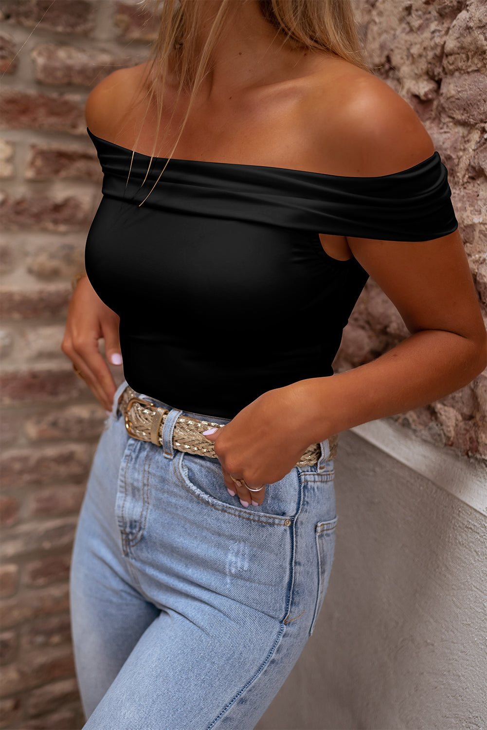 White Folded Off Shoulder Slim Top