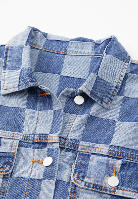 Checkered Button Up Denim Jacket