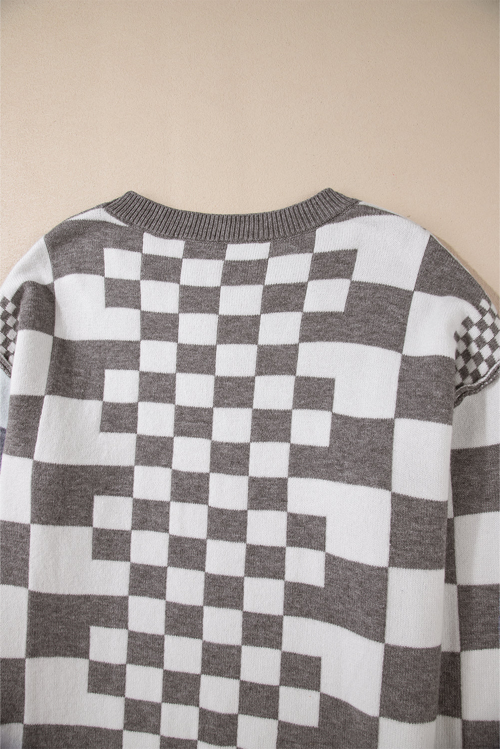 Black Checkered Print Drop Shoulder Round Neck Sweater