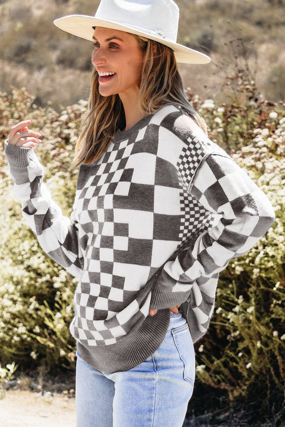 Black Checkered Print Drop Shoulder Round Neck Sweater