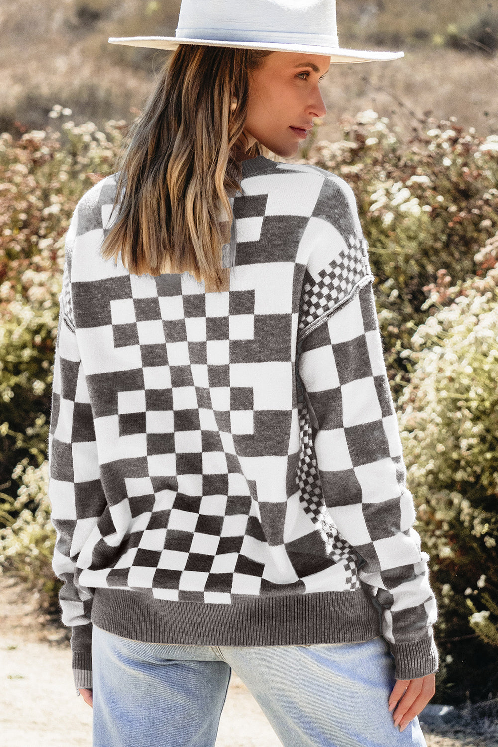 Black Checkered Print Drop Shoulder Round Neck Sweater