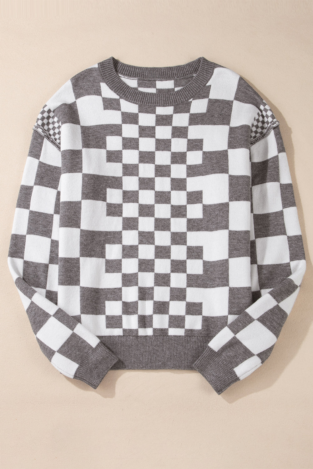 Black Checkered Print Drop Shoulder Round Neck Sweater