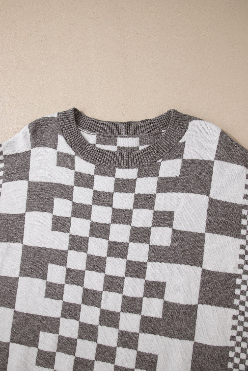 Black Checkered Print Drop Shoulder Round Neck Sweater