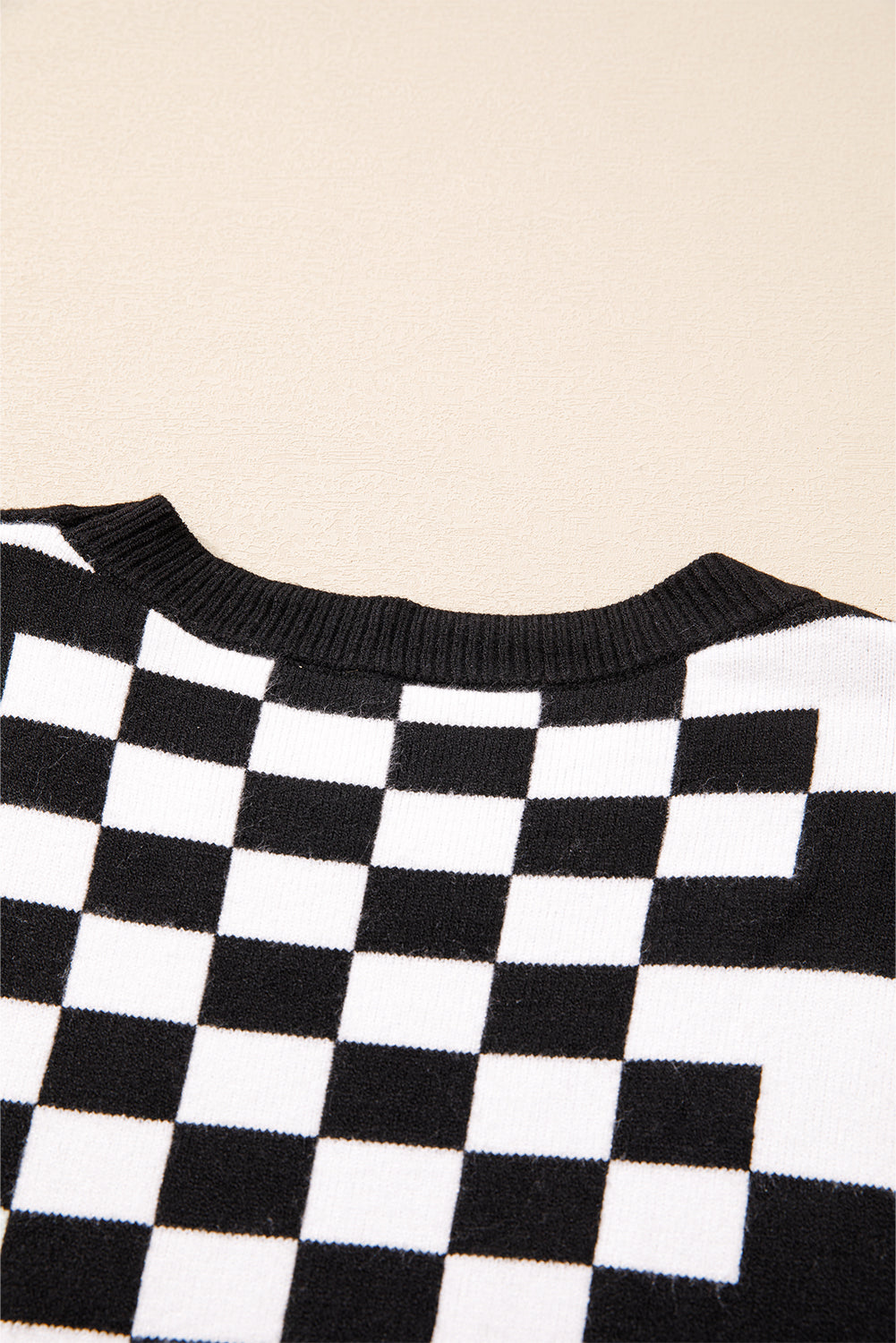 Black Checkered Print Drop Shoulder Round Neck Sweater