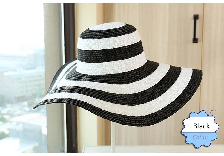 Casual Straw Striped Large Brim Hats UV Protection