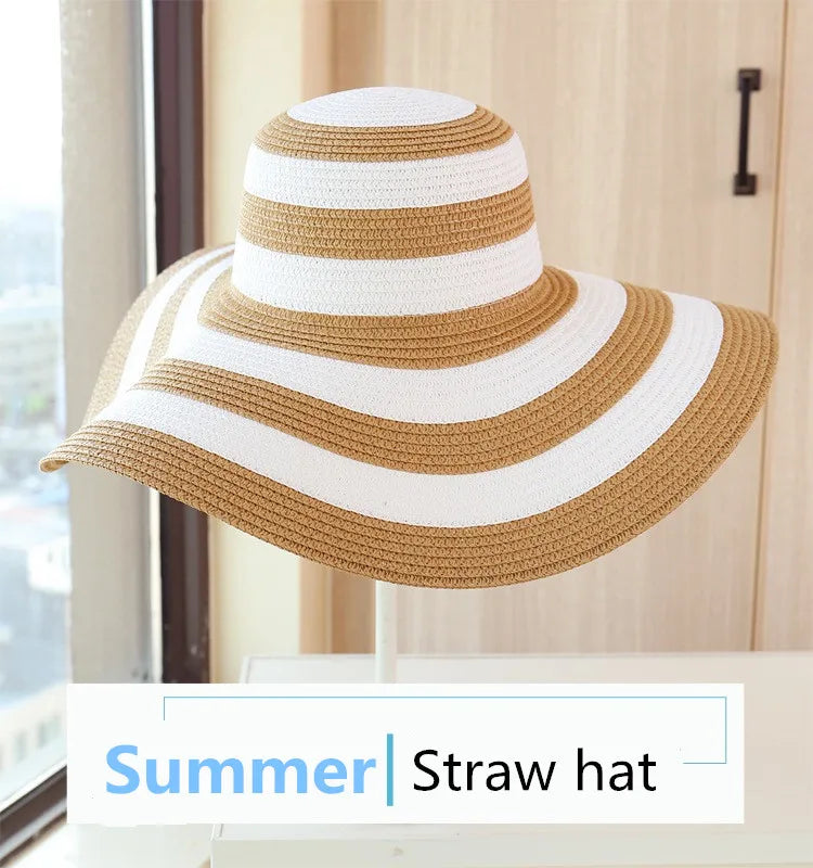 Casual Straw Striped Large Brim Hats UV Protection