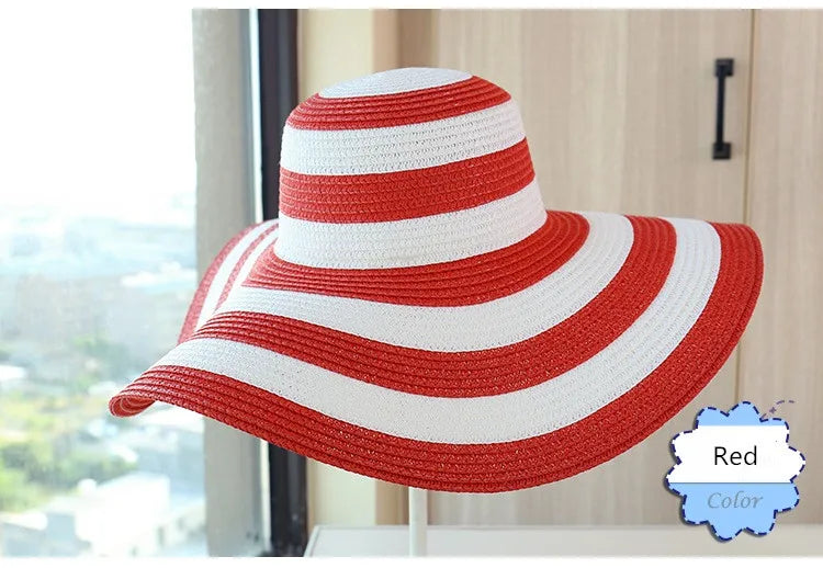 Casual Straw Striped Large Brim Hats UV Protection