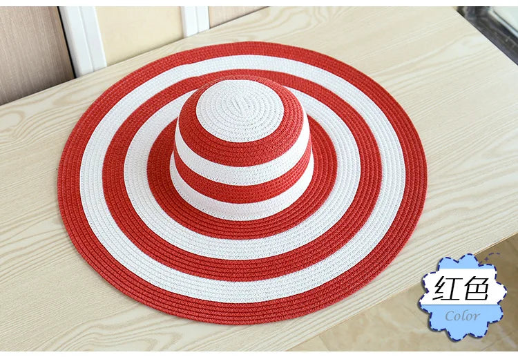Casual Straw Striped Large Brim Hats UV Protection