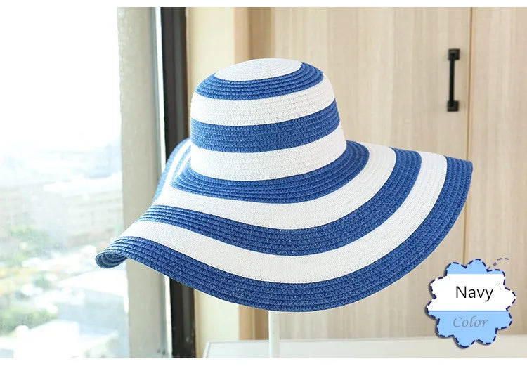 Casual Straw Striped Large Brim Hats UV Protection
