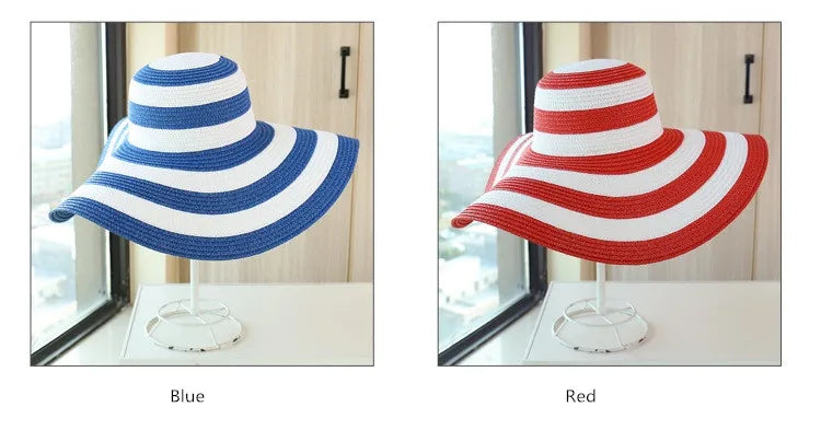 Casual Straw Striped Large Brim Hats UV Protection