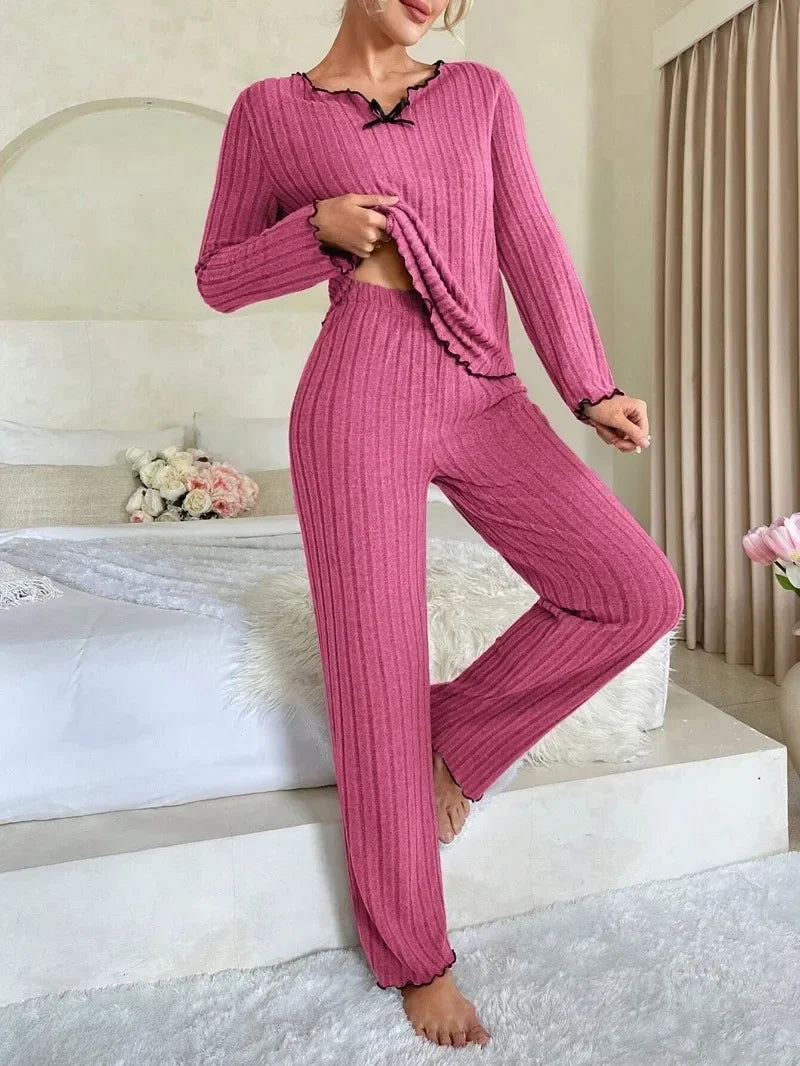 Ribbed Pajamas Set Long Sleeve Top and Long Pants 2 Piece