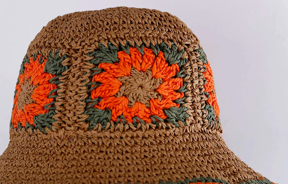 Hollowed Straw Crochet Bucket Hat UV Protection