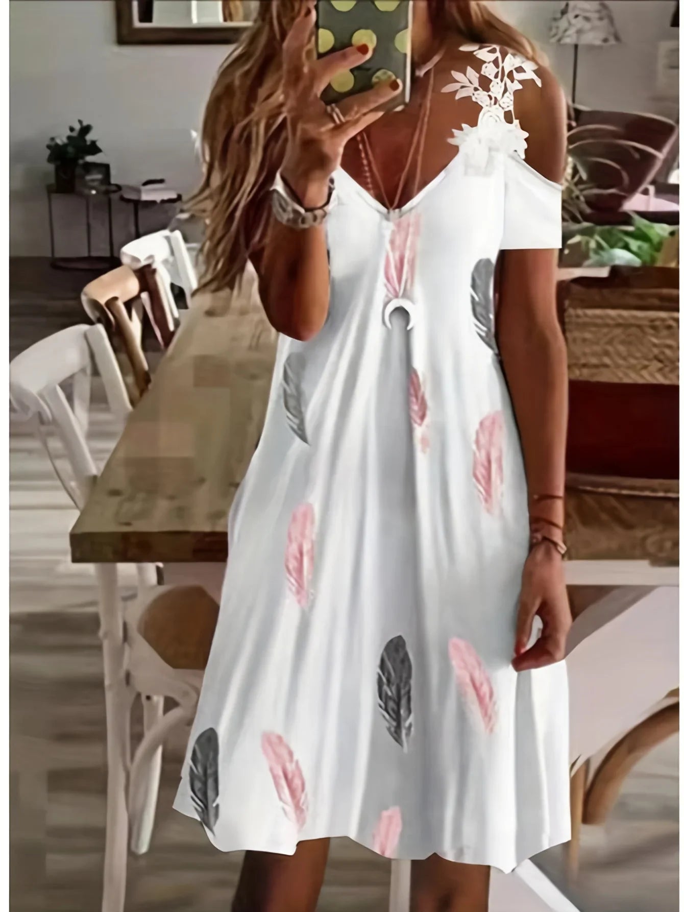 Strapless Lace Bat Sleeve Print Dress