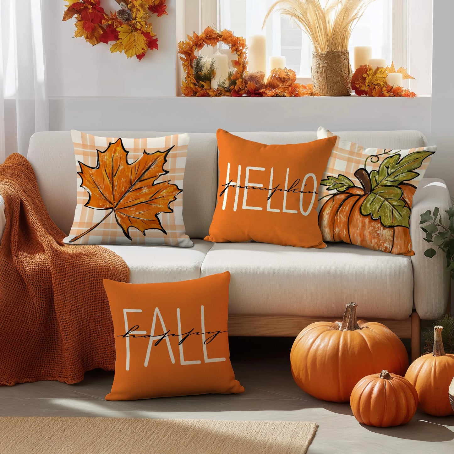 4pcs Thanksgiving Pillow Cover, Pumpkin, Maple Leaf, Stripe Pattern Cushion Cover, Hello Autumn Home Decoration Pillowcase