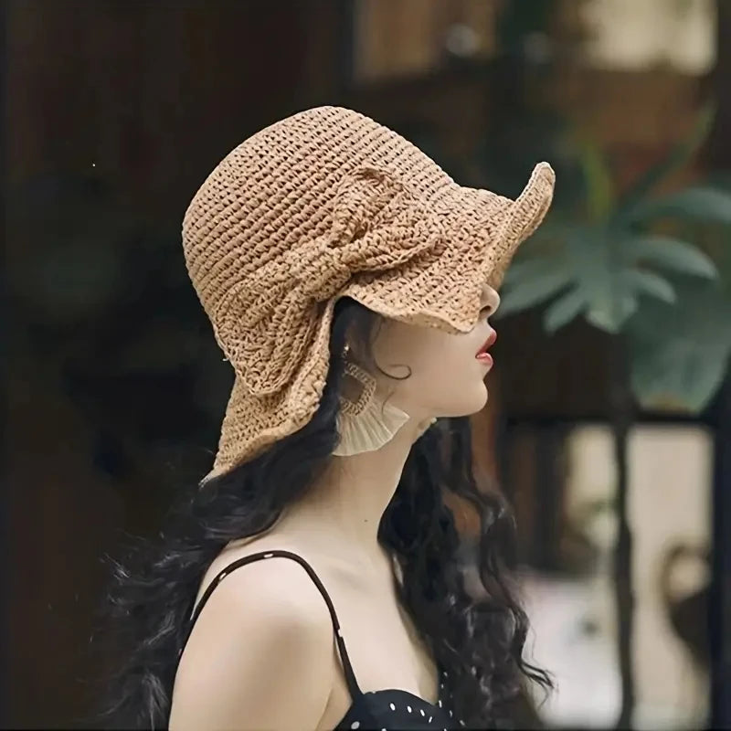 Straw Bowknot Slit Vintage Crochet Foldable Bucket Hat UV Protection