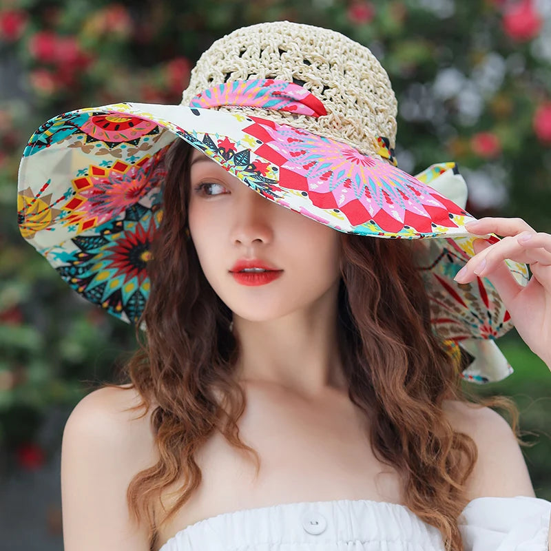 Summer Bucket Folding Straw Beach Hat UV Protection