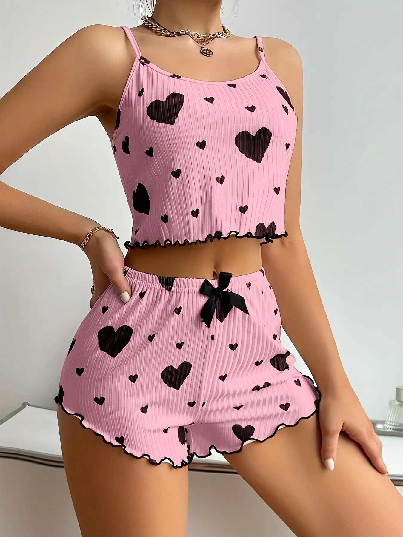 Casual Sleepwear Heart Printed Pajama Cami Top and Shorts Set Lounge Pijamas