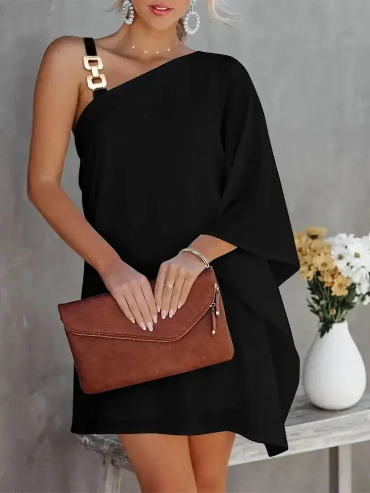 Casual Off-The-Shoulder One Strap Sloping Shoulder Midi Dress