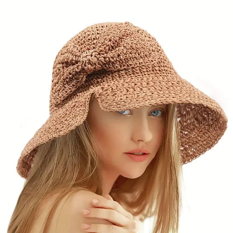 Straw Bowknot Slit Vintage Crochet Foldable Bucket Hat UV Protection