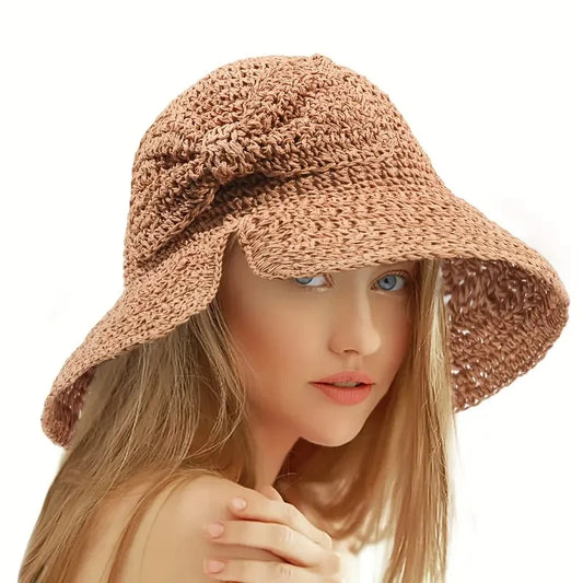 Straw Bowknot Slit Vintage Crochet Foldable Bucket Hat UV Protection