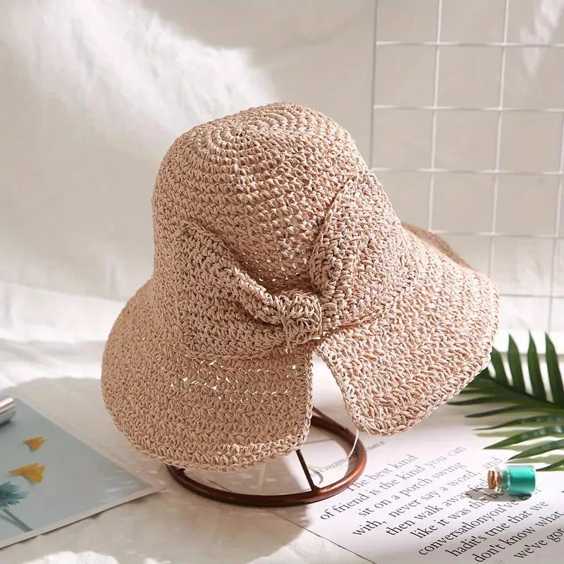 Straw Bowknot Slit Vintage Crochet Foldable Bucket Hat UV Protection