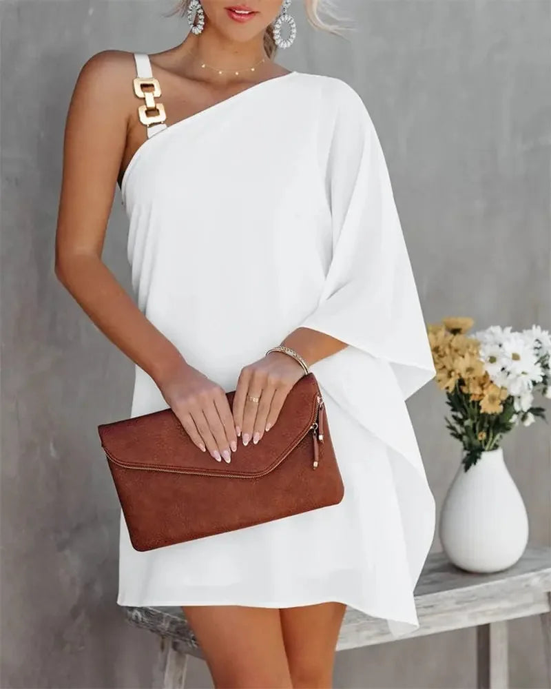 Casual Off-The-Shoulder One Strap Sloping Shoulder Midi Dress