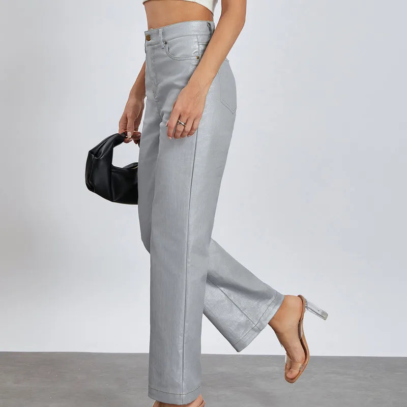 Metallic Shiny Denim Solid High Waist Straight Leg Pants