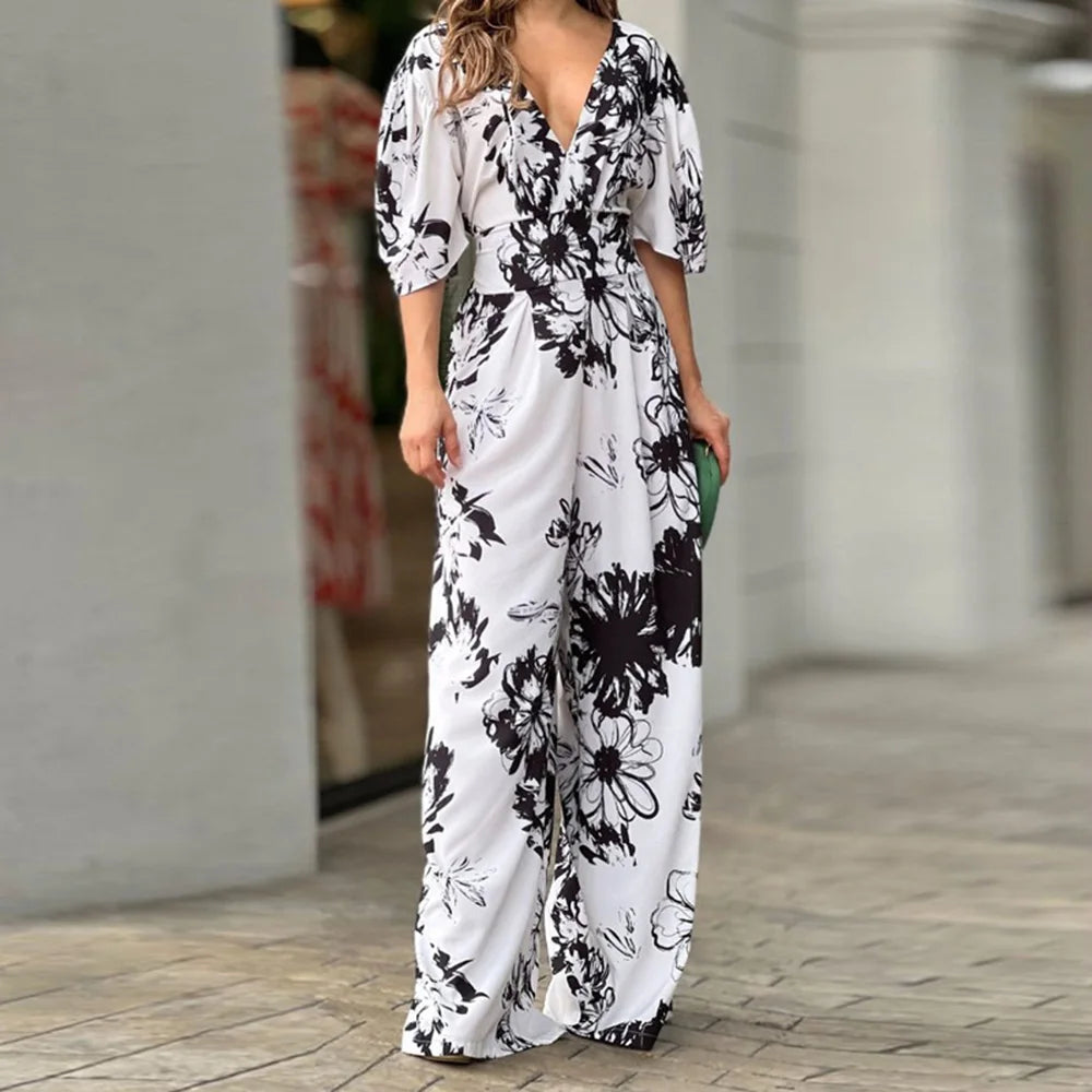 V-neck Dolman Sleeve Print Jumpsuit Loose High-rise Jumpsuit