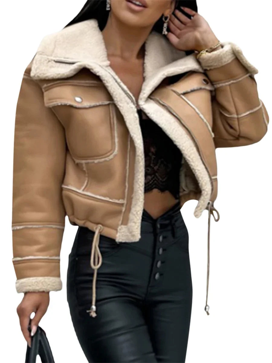 Winter Faux Leather Jacket Zipper Aviator Coat Faux Fur