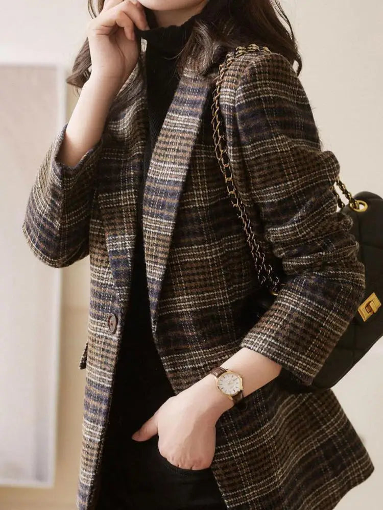 Brown Women Plaid Woolen Blazer